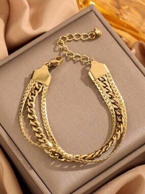 Gold Plated Stainless Steel Triple Chain Bracelet – Modern Layered Style
